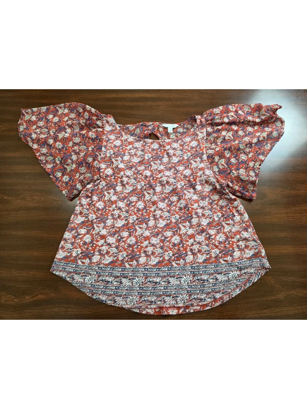 Lucky Brand Small Red Floral Print Keyhole Flutter Sleeve Boho Top Bohemian Chic